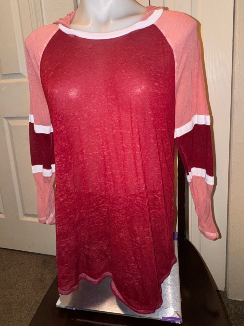 Almost Famous Burgundy & Pink Color block Raglan Long-Sleeve Top With Hoodie